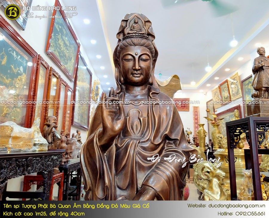 Tượng Phật Bà Quan Âm bằng đồng đỏ cao 1m25 hạ màu thời gian