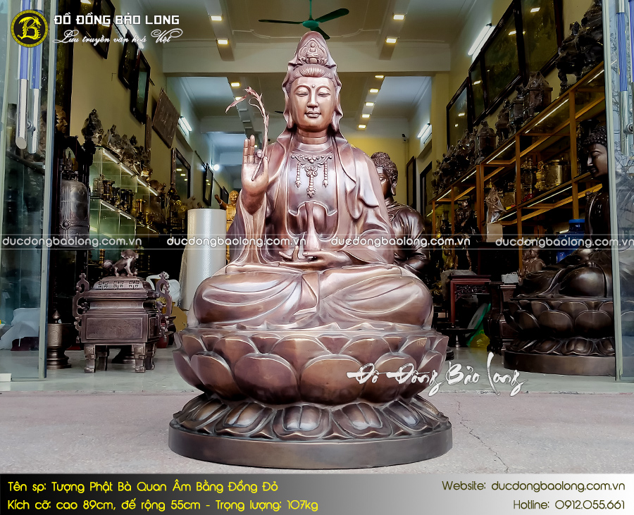 Tượng Phật Bà Quan Âm bằng đồng đỏ màu giả cổ cao 89cm