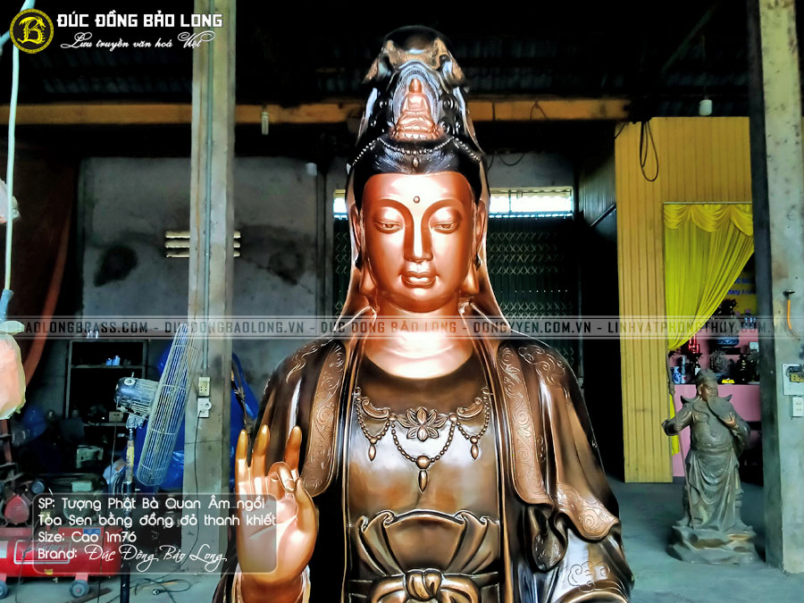 Tượng Phật Bà Quan Âm Tọa Đài Sen Đồng Đỏ Cao 1m76