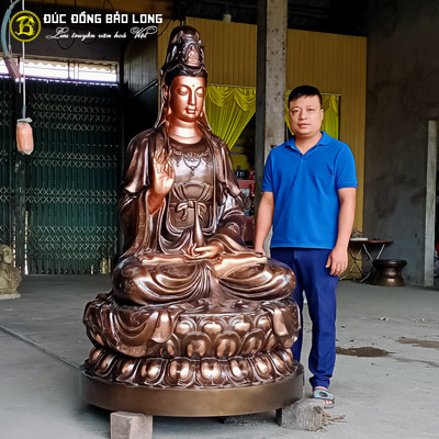 Tượng Phật Bà Quan Âm Tọa Đài Sen Đồng Đỏ Cao 1m76
