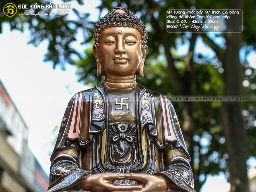 Tượng Phật Thích Ca Bằng Đồng Nồi Khảm Tam Khí Cao 69cm Đúc Thủ Công