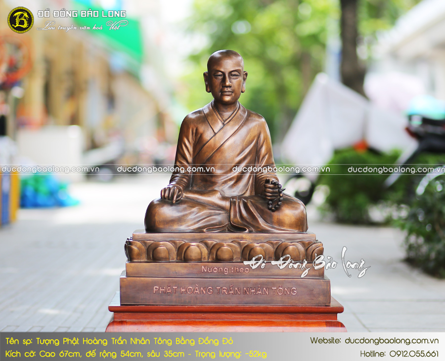 Tượng Phật Hoàng Trần Nhân Tông bằng đồng đỏ hạ màu thời gian cao 67cm