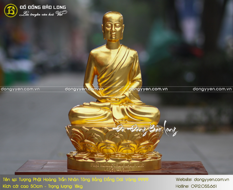 Tượng Phật Hoàng Trần Nhân Tông dát vàng 9999 cao 50cm