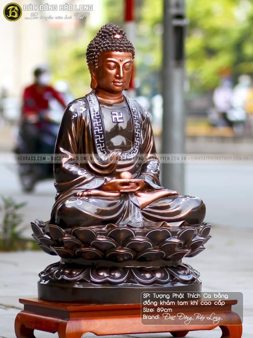 Tượng Phật Thích Ca Mâu Ni Bằng Đồng Khảm Tam Khí Cao 89cm