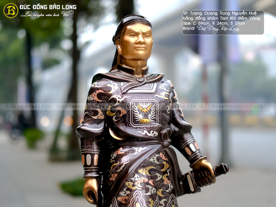 Tượng Vua Quang Trung Bằng Đồng Khảm Vàng Bạc Đồng Cao 69cm