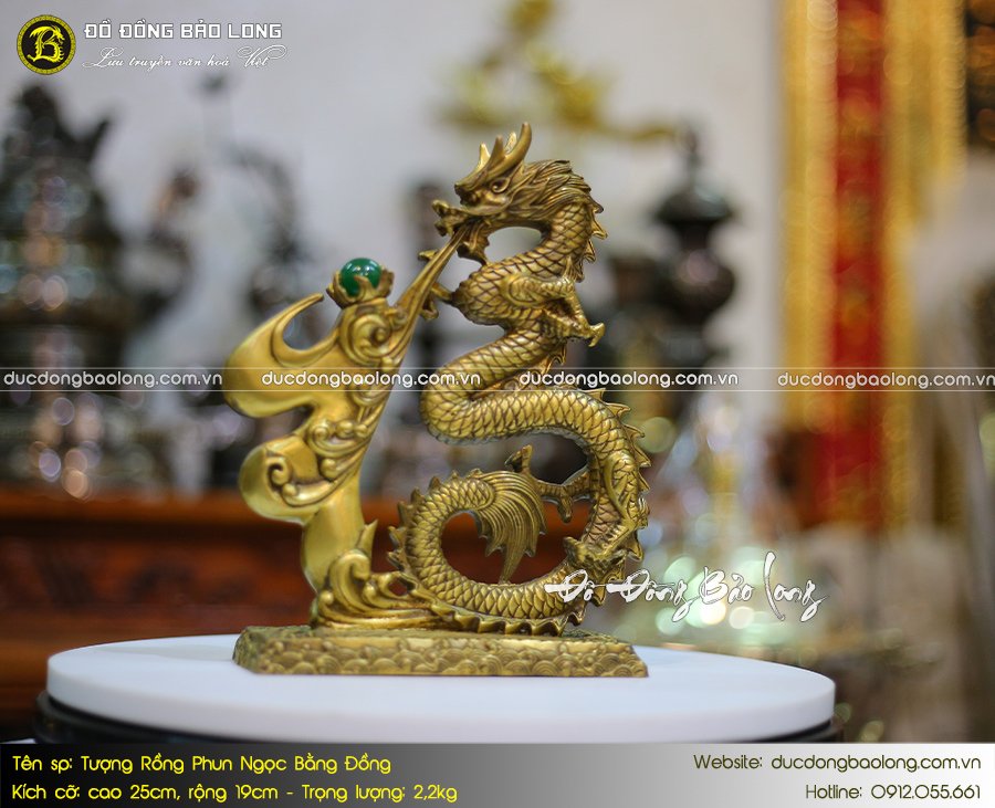 Tượng Rồng Phun Ngọc bằng đồng vàng cao 25cm