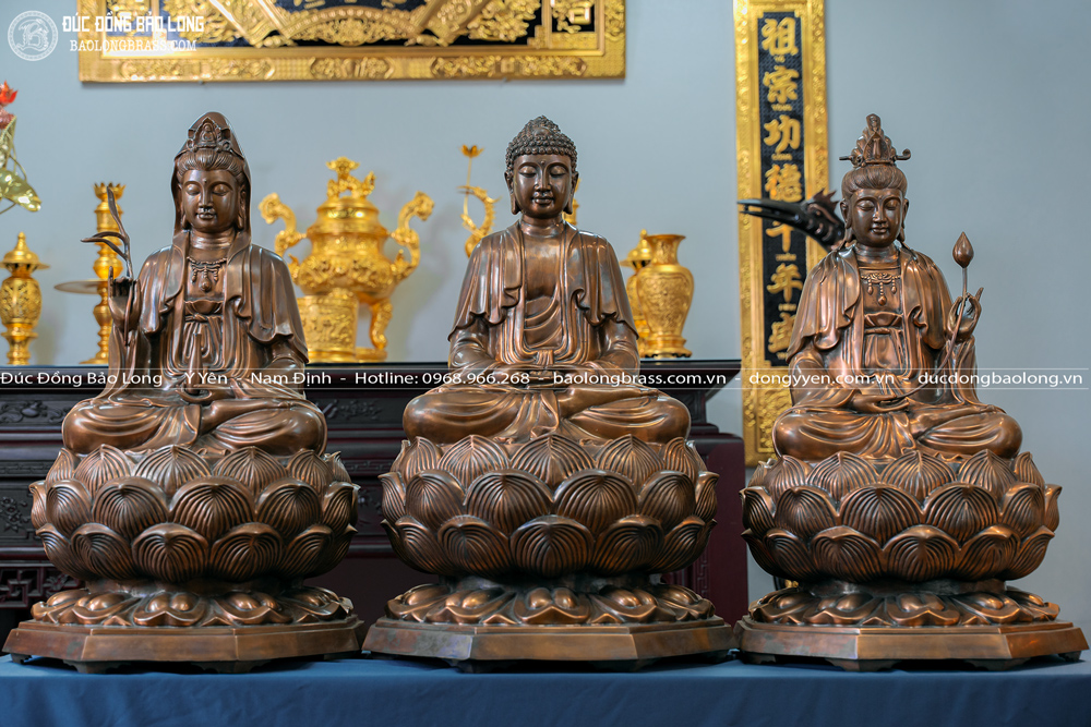 Bộ Tượng Tam Thánh Tây Phương Ngồi Đài Sen Bằng Đồng Đỏ Cao 81Cm