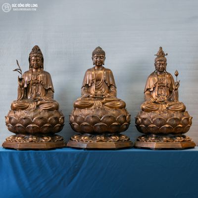 Bộ Tượng Tam Thánh Tây Phương Ngồi Đài Sen Bằng Đồng Đỏ Cao 81Cm