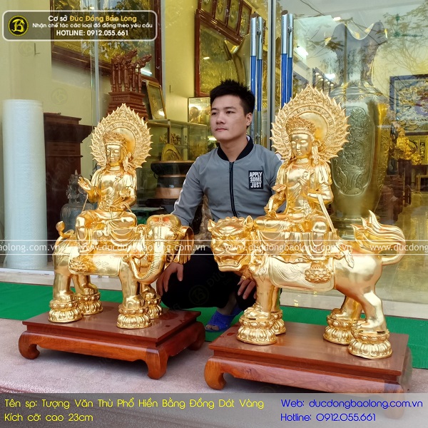 Tượng Văn Thù Phổ Hiền Bằng Đồng 89cm Dát Vàng 9999