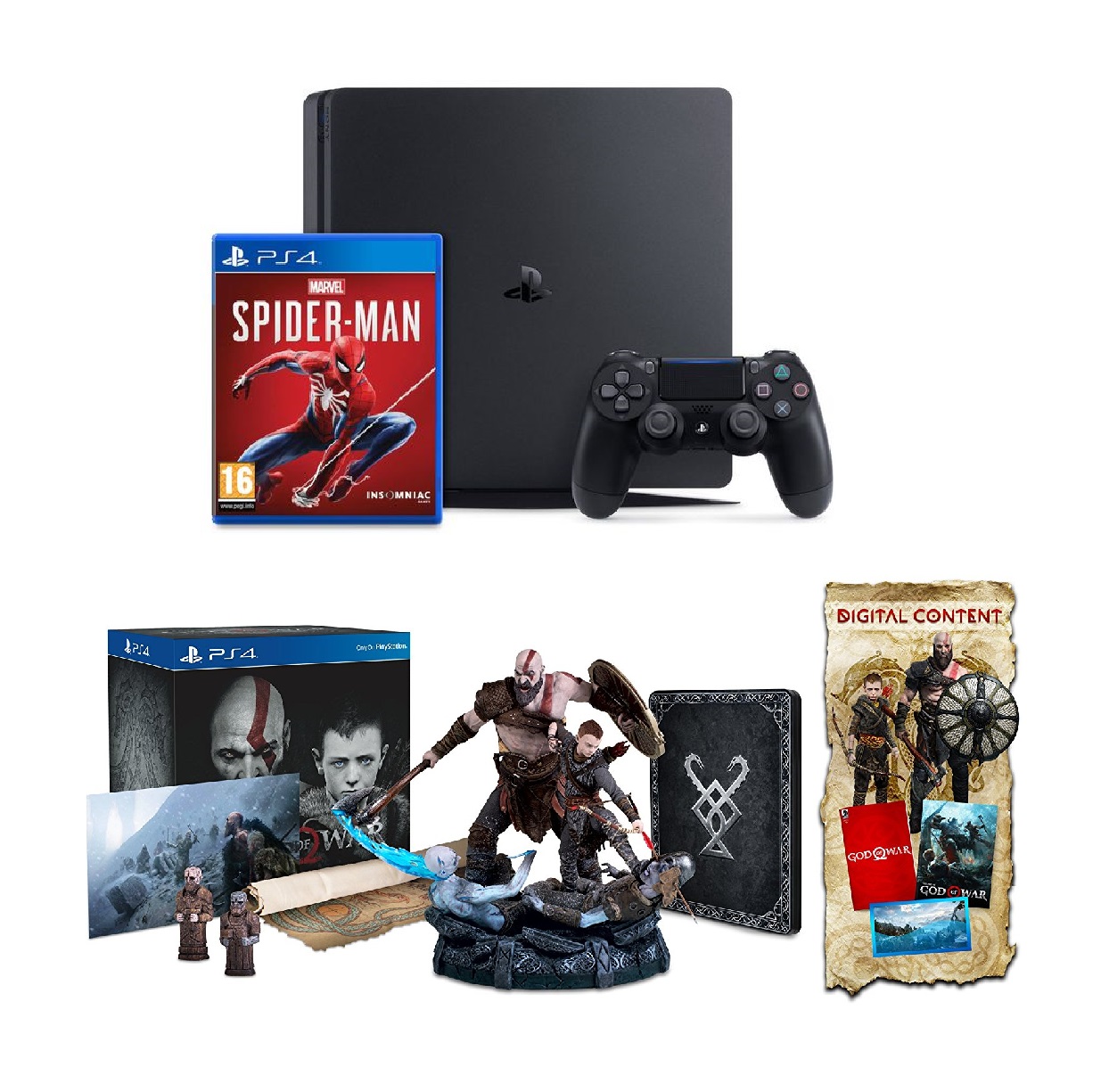 PS4 Slim 500G Spider Man + Bộ tượng GOW Collector Edition