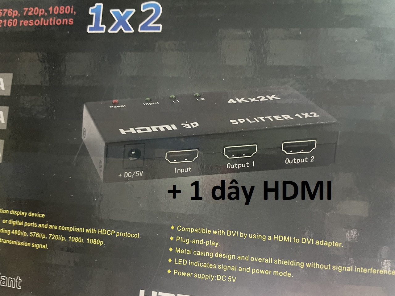 Bộ chia HDMI 1 ra 2 Full HD - Hub HDMI 2 Cổng Kèm Nguồn + Dây HDMI