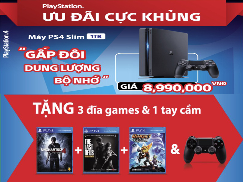 Máy PS4 Slim 1TB + 2 tay + 3 đĩa game