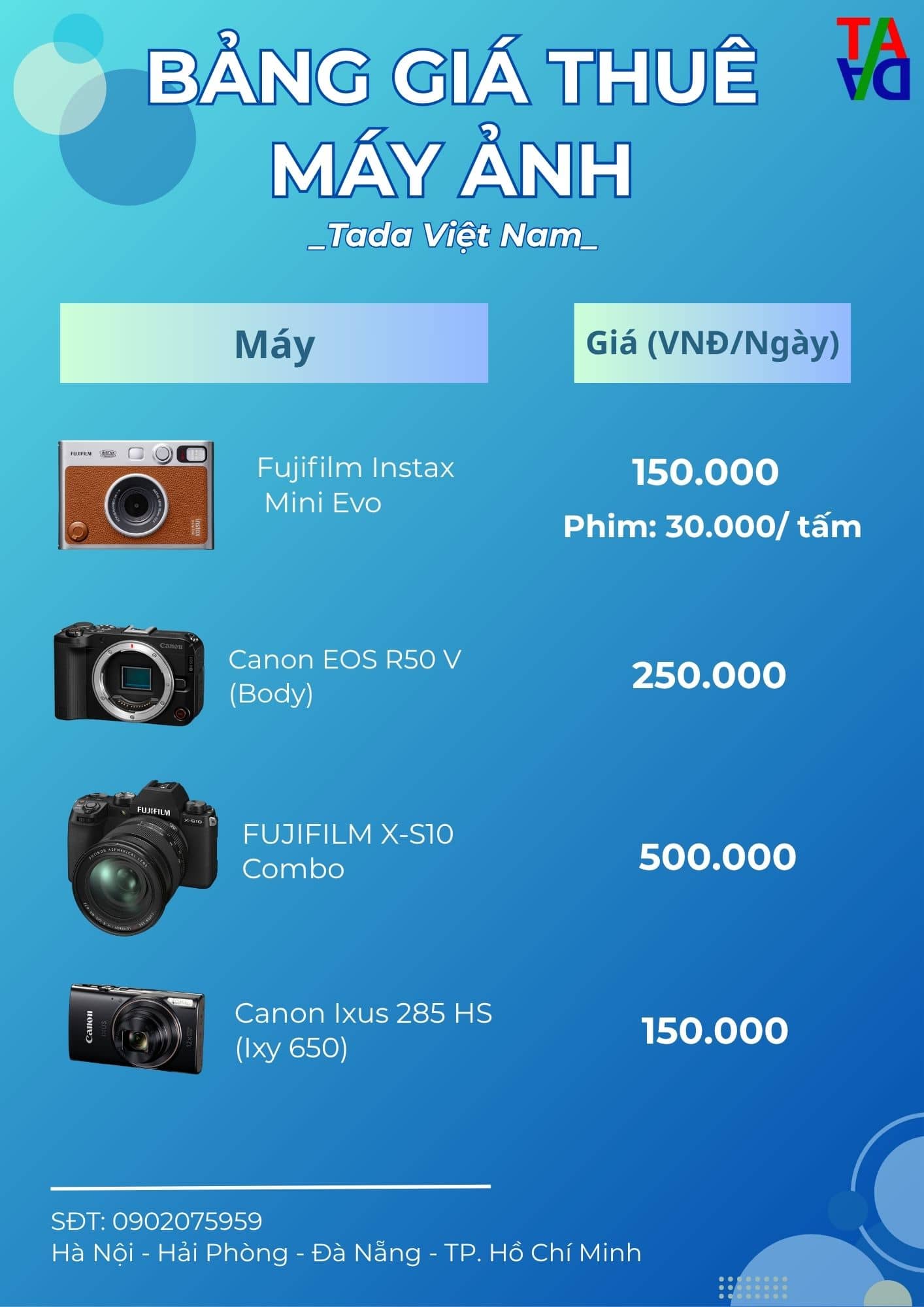Bảng giá cho thuê máy ảnh tại Tada