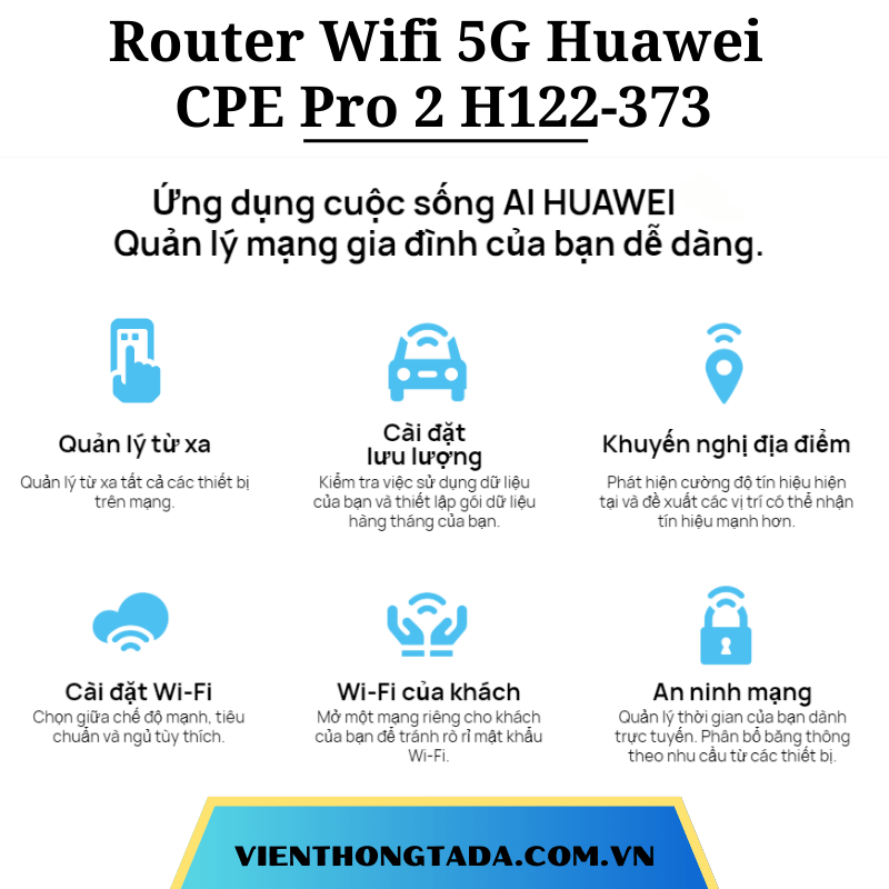 Huawei CPE Pro 2 H122-373 | Router Wifi Di Động 5G Wi-Fi 6 | Hai băng tần, Tốc độ Wifi 2976 Mbps, Chipset Balong 5000 | Bảo hành 12 tháng (tada việt nam)