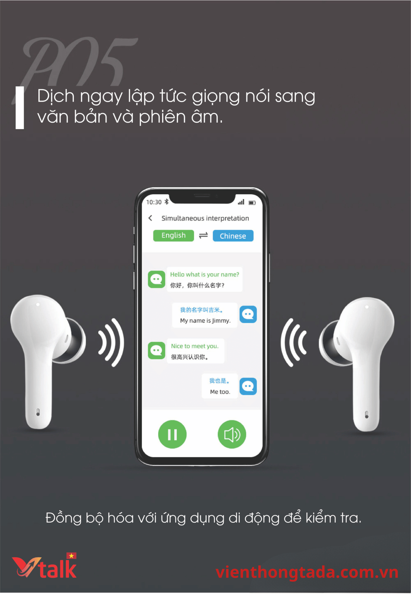 VTalk Ear | Tai nghe phiên dịch không dây trực tiếp, Dịch 127 ngôn ngữ, Dịch song song 2 chiều - Hàng chính hãng