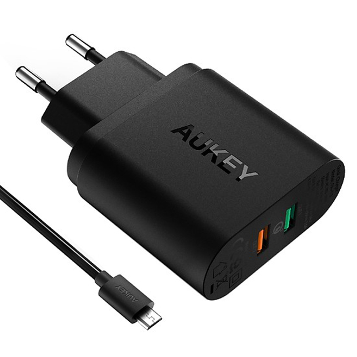 Adapter Sạc 2 Cổng 34.5W Aukey PA-T13 Hỗ Trợ Sạc Nhanh QC 3.0 (Đen) - Hàng Chính Hãng