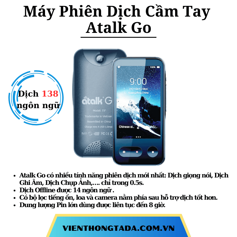Atalk Go | Máy Phiên Dịch Cầm Tay | Dịch 138 ngôn ngữ, Dịch Offline, Dịch 2 chiều, Pin lớn.