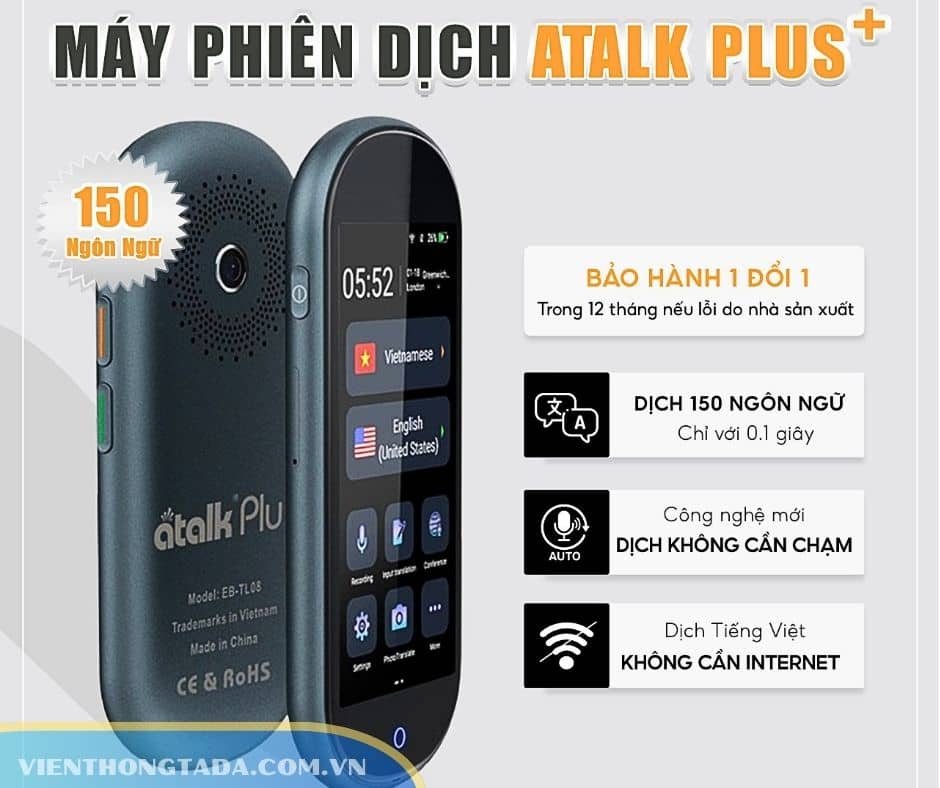 ATalk Plus+ (Mới) | Máy Phiên Dịch 2 Chiều Cầm Tay | Dịch Tự Động Không Chạm, Dịch Offline 21 Ngôn Ngữ