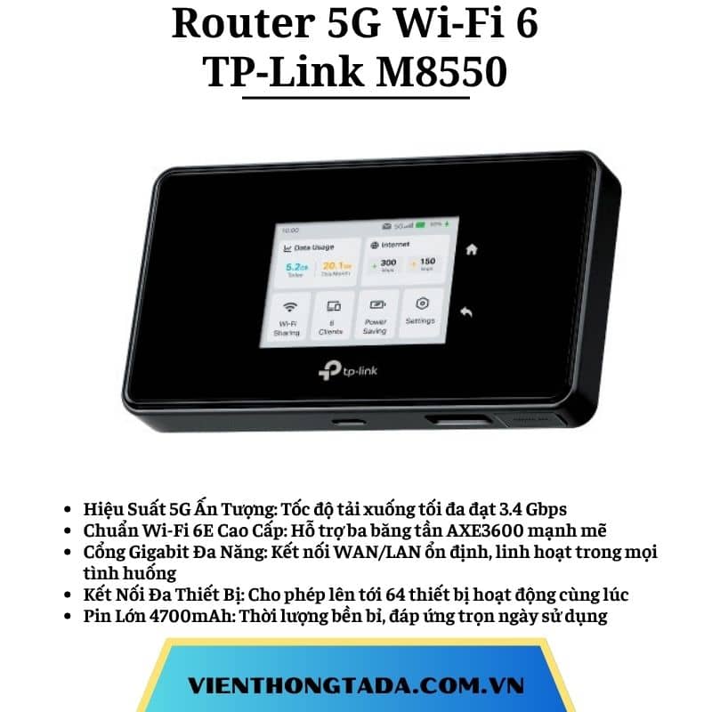 TP-Link M8550 | Bộ Phát WiFi Di Động 5G Chuẩn WiFi 6 AXE3600, Tốc Độ 3.6Gbps, Hỗ Trợ Nano SIM & eSIM, Pin 5000mAh | Hàng Chính Hãng