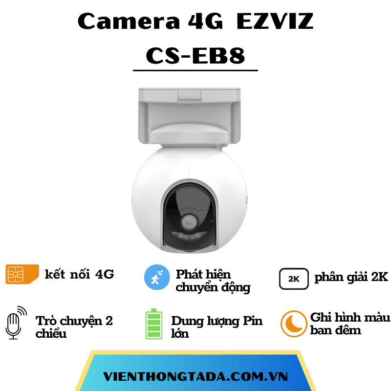 Camera EZVIZ CS-EB8 | Kết Nối 4G, Pin Khủng 10400 mAh, Quay 360 Độ, Độ Phân Giải 2K | Bảo Hành 12 Tháng 1 Đổi 1