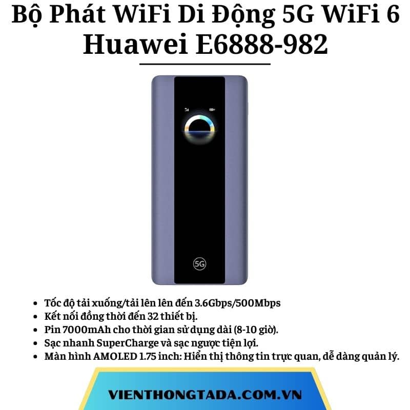 Huawei E6888-982 (Pro 5) | Bộ Phát WiFi Di Động 5G WiFi 6, Tốc Độ Cao 3600Mbps, Pin Khỏe 7000mAh, Màn Hình Cảm Ứng | Hàng Chính Hãng