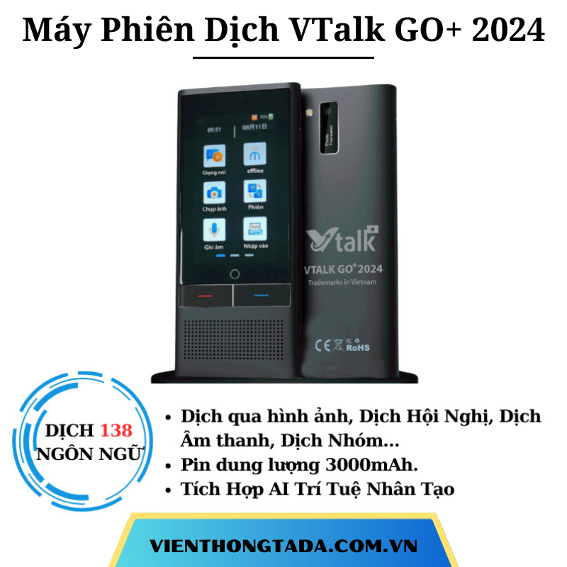 VTALK GO+ 2024 | Máy Phiên Dịch Cầm Tay| Dịch 138 Ngôn Ngữ, Dịch 2 Chiều, Pin 3000mAh.