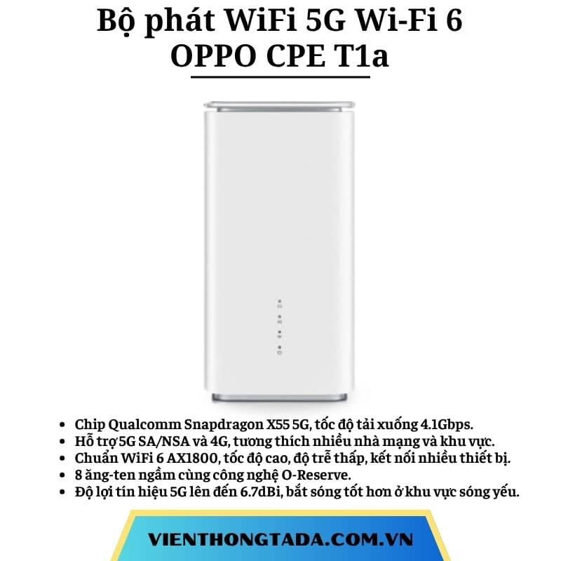OPPO CPE T1a | Router WiFi di động 5G, Wi-Fi 6 AX1800, tốc độ 4.1Gbps, Snapdragon X55 | Bảo hành 1 đổi 1