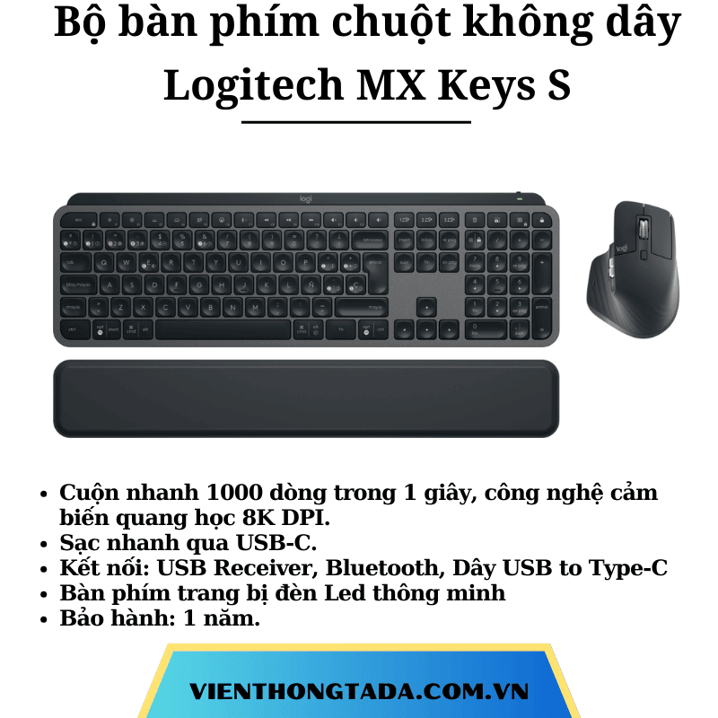 Bộ bàn phím chuột không dây Logitech MX Keys S - Hàng chính hãng - Bảo hành 1 năm