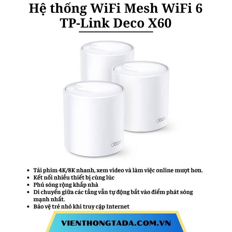 TP-Link Deco X60 (Bộ ba) | Hệ thống WiFi Mesh WiFi 6 AX5400, tốc độ 5.4Gbps, kết nối 150 thiết bị, phủ sóng rộng | Bảo hành 1 đổi 1