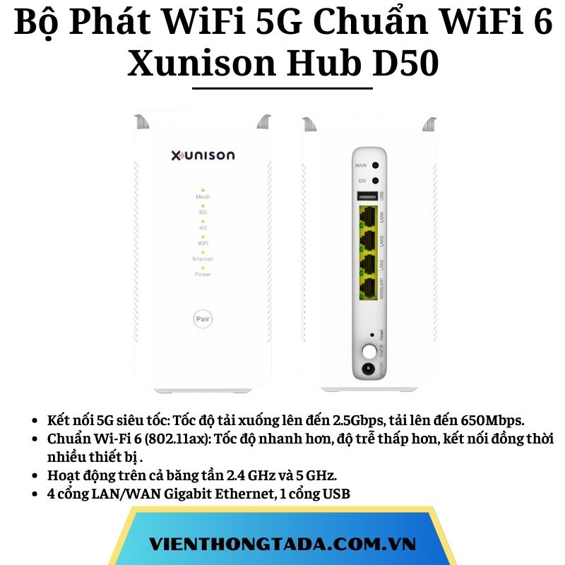 Xunison Hub D50 | Bộ Phát WiFi 5G Chuẩn WiFi 6, Tốc Độ Cao, Băng Tần Kép, 4 Cổng WAN/LAN | Hàng Chính Hãng