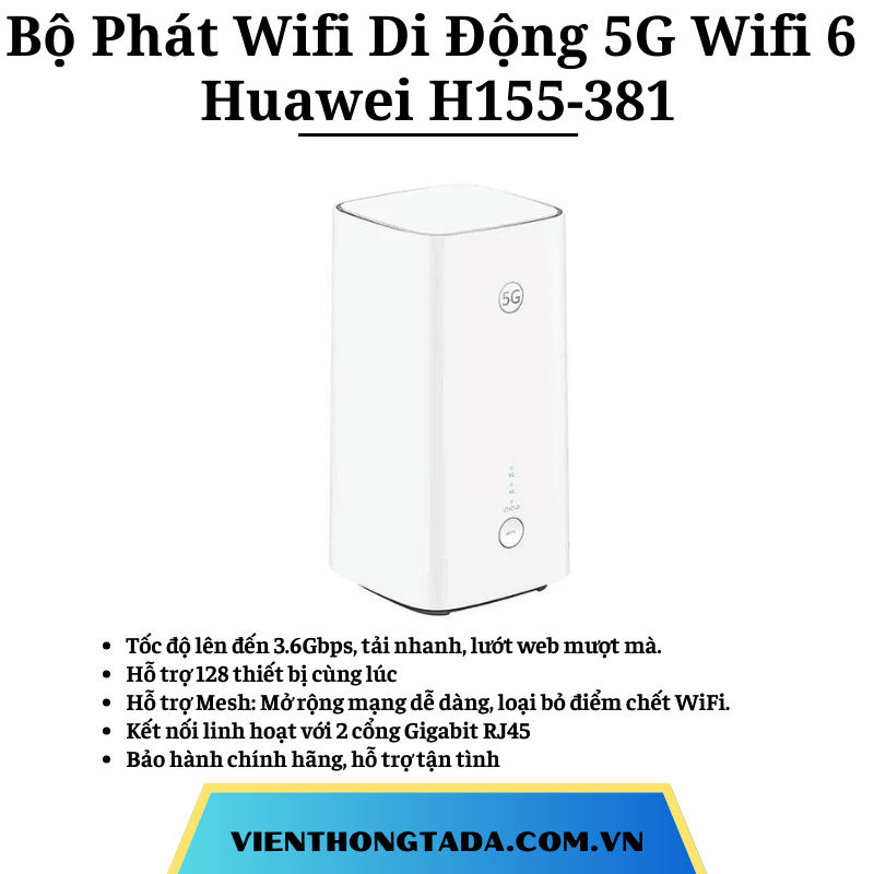 Bộ Phát Huawei H155-381 | Bộ Phát Wifi 5G, Wifi 6 Hỗ Trợ Mesh, Tốc Độ 3,6 Gbps, 128 Người Dùng Kết Nối Cùng Lúc | Bảo hành 1 đổi 1