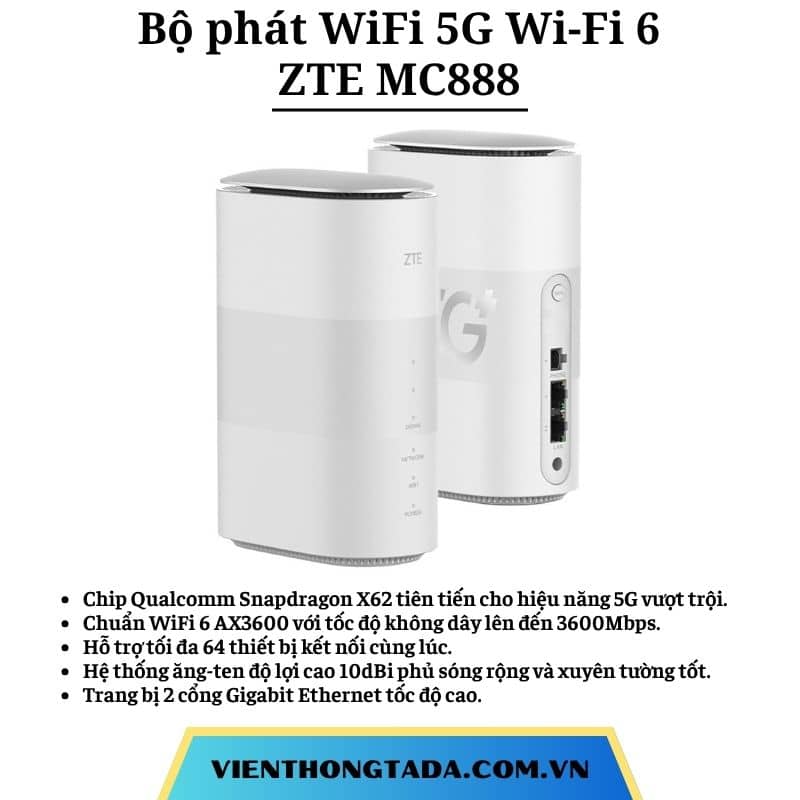 ZTE MC888 | Router Wifi di động 5G, Wi-Fi 6 AX3600, 64 thiết bị kết nối cùng lúc, 2 cổng LAN/WAN Gigabit | Bảo hành 1 đổi 1