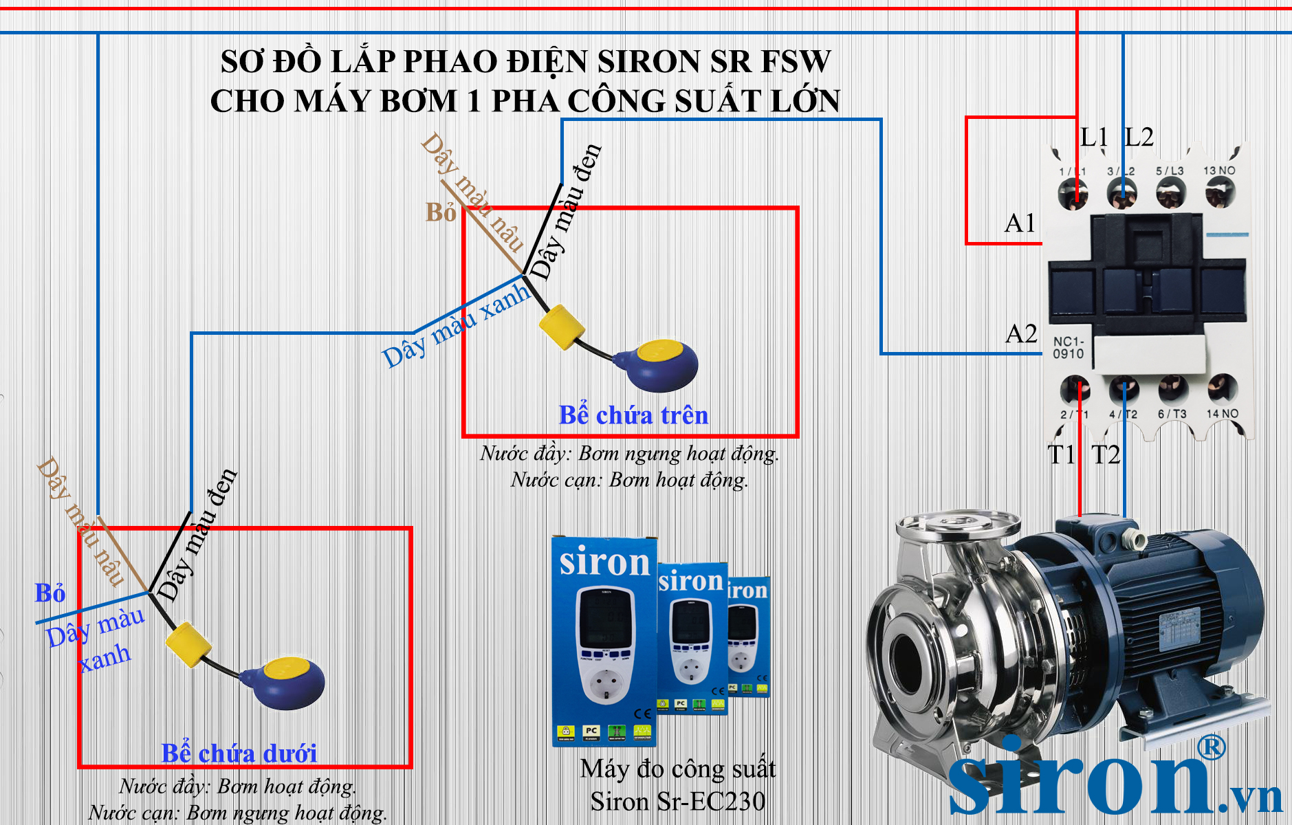 Hướng dẫn lắp đặt phao điện 1 pha cho máy bơm 3 pha ở bể chứa trên và bể chứa dưới