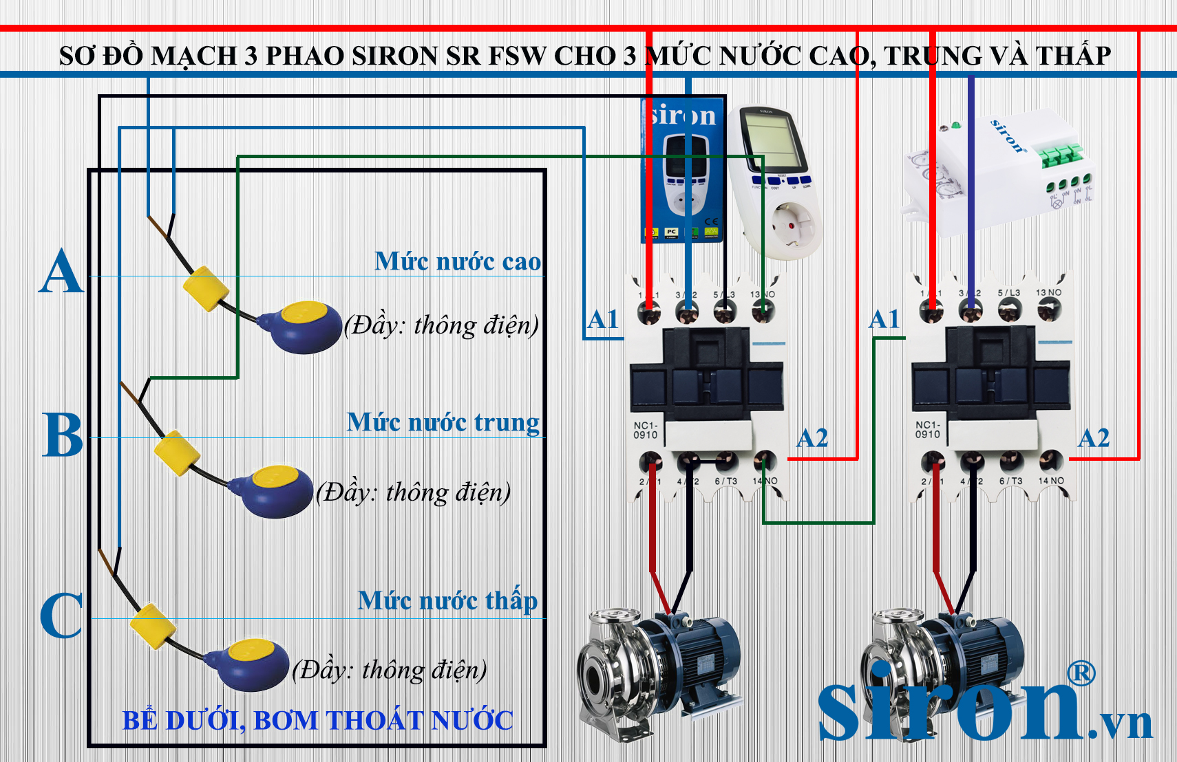 Sơ đồ lắp 3 phao điện kín nước 1 bể nước điều khiển 2 máy bơm tự động