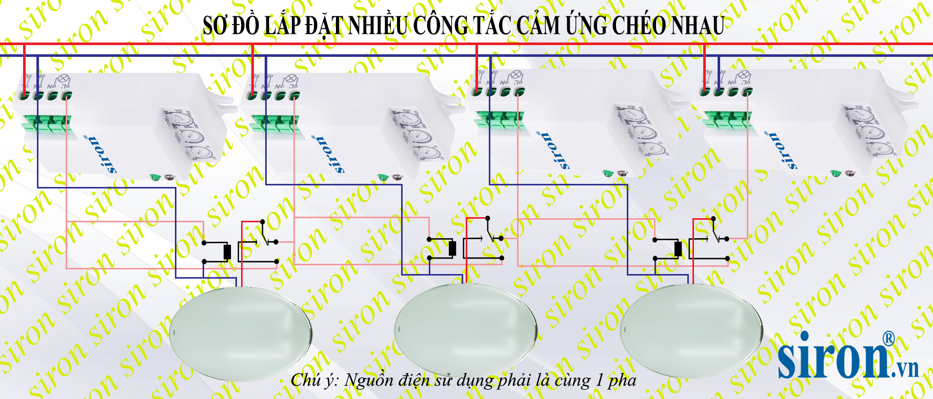 Sơ đồ lắp đặt nhiều cảm ứng bật tắt đèn tự động luân phiên trung gian