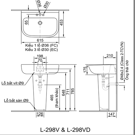 Bản vẽ kĩ thuật Chậu rửa treo tường INAX L-298V+L-298VD