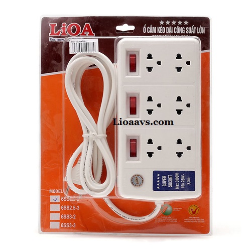 Ổ 6 ba chấu Super dây 2,5m x 2 LiOA 6SS2.5-2 (Trắng)