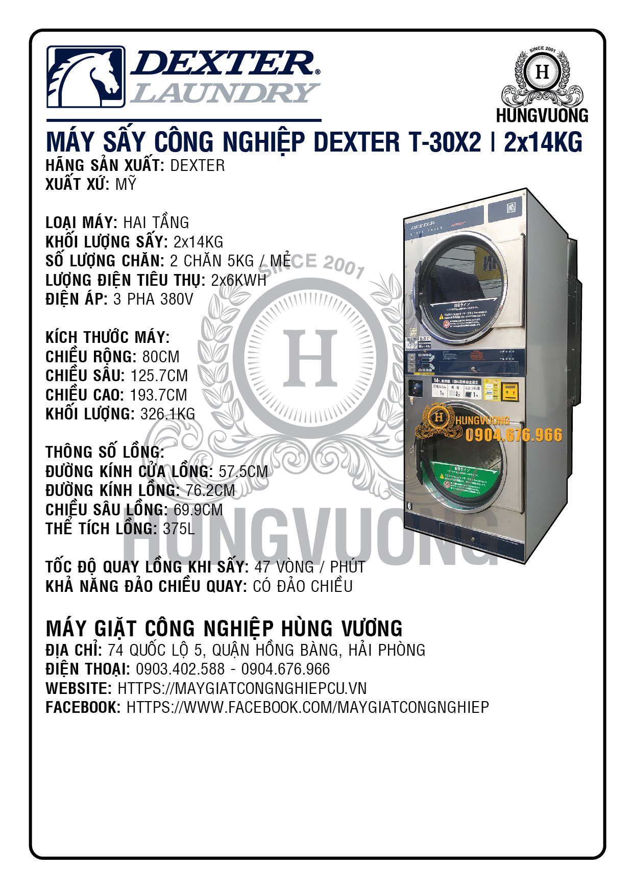 Thông số kỹ thuật máy sấy công nghiệp DEXTER T-30X2, 2x14kg, 2 tầng, đảo chiều, Mỹ
