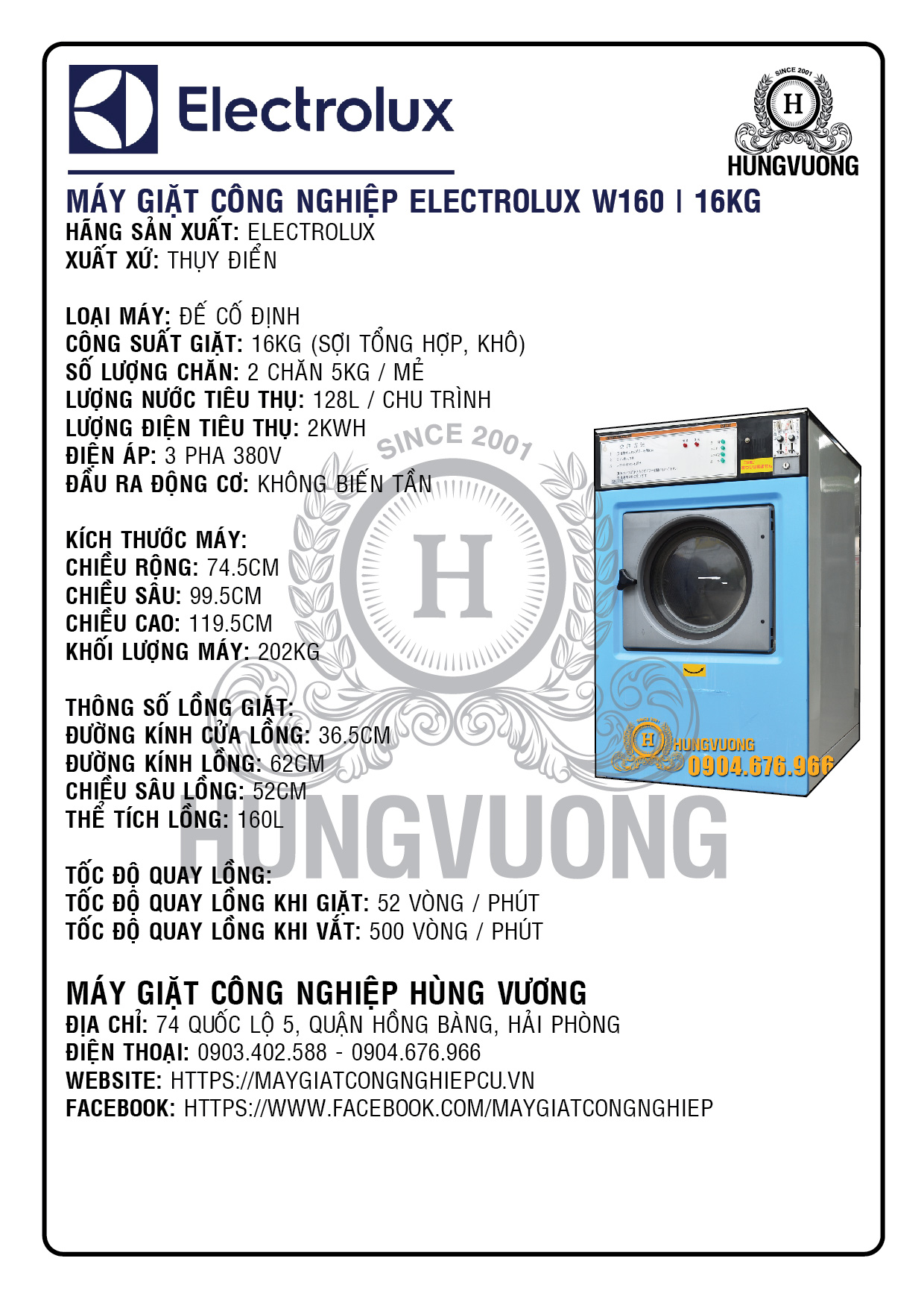 Máy giặt công nghiệp ELECTROLUX 16kg cho nhà nghỉ, khách sạn 10-30 phòng