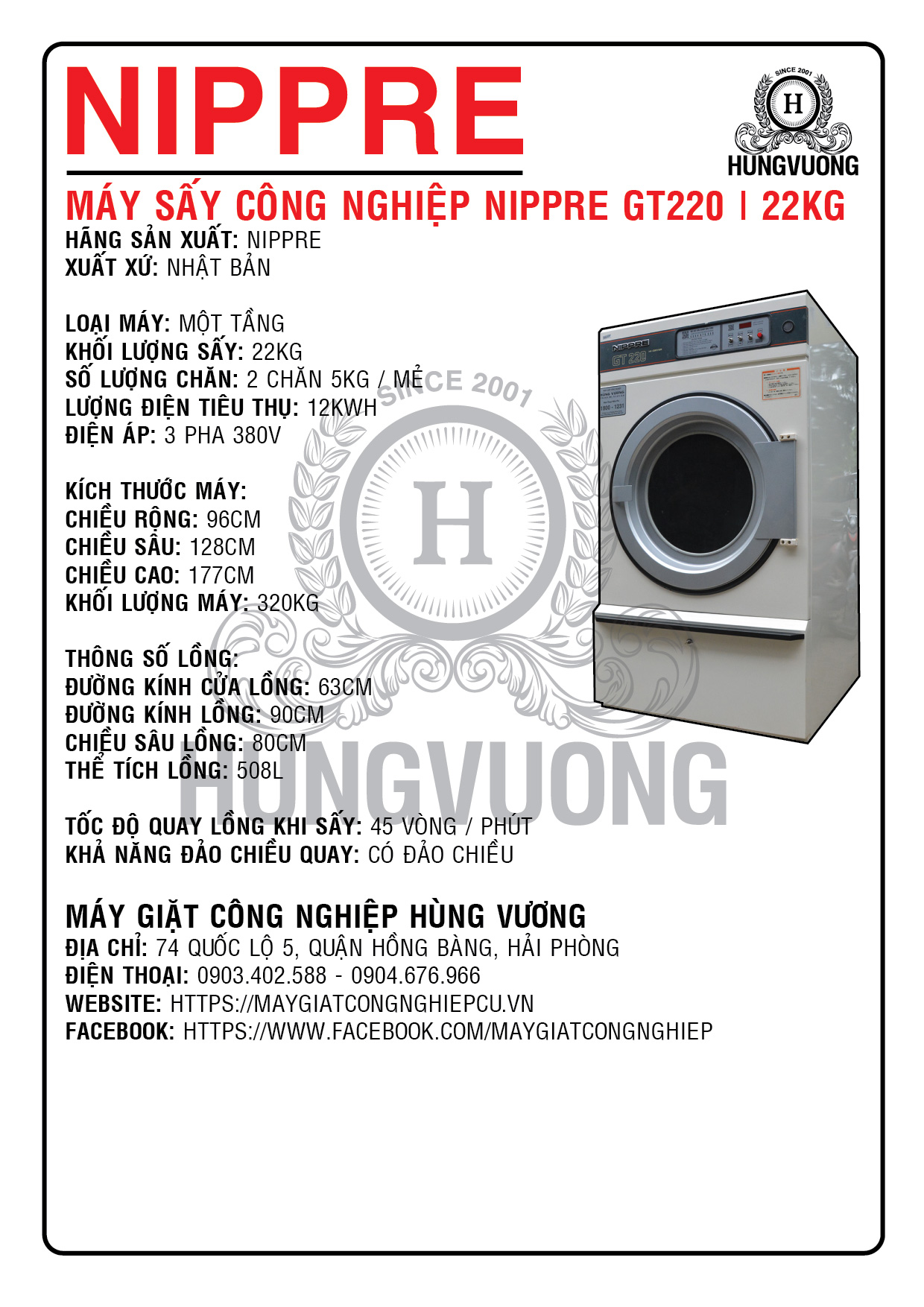 Thông số kỹ thuật máy sấy công nghiệp NIPPRE GT220, 22kg, 1 tầng, đảo chiều, Nhật Bản