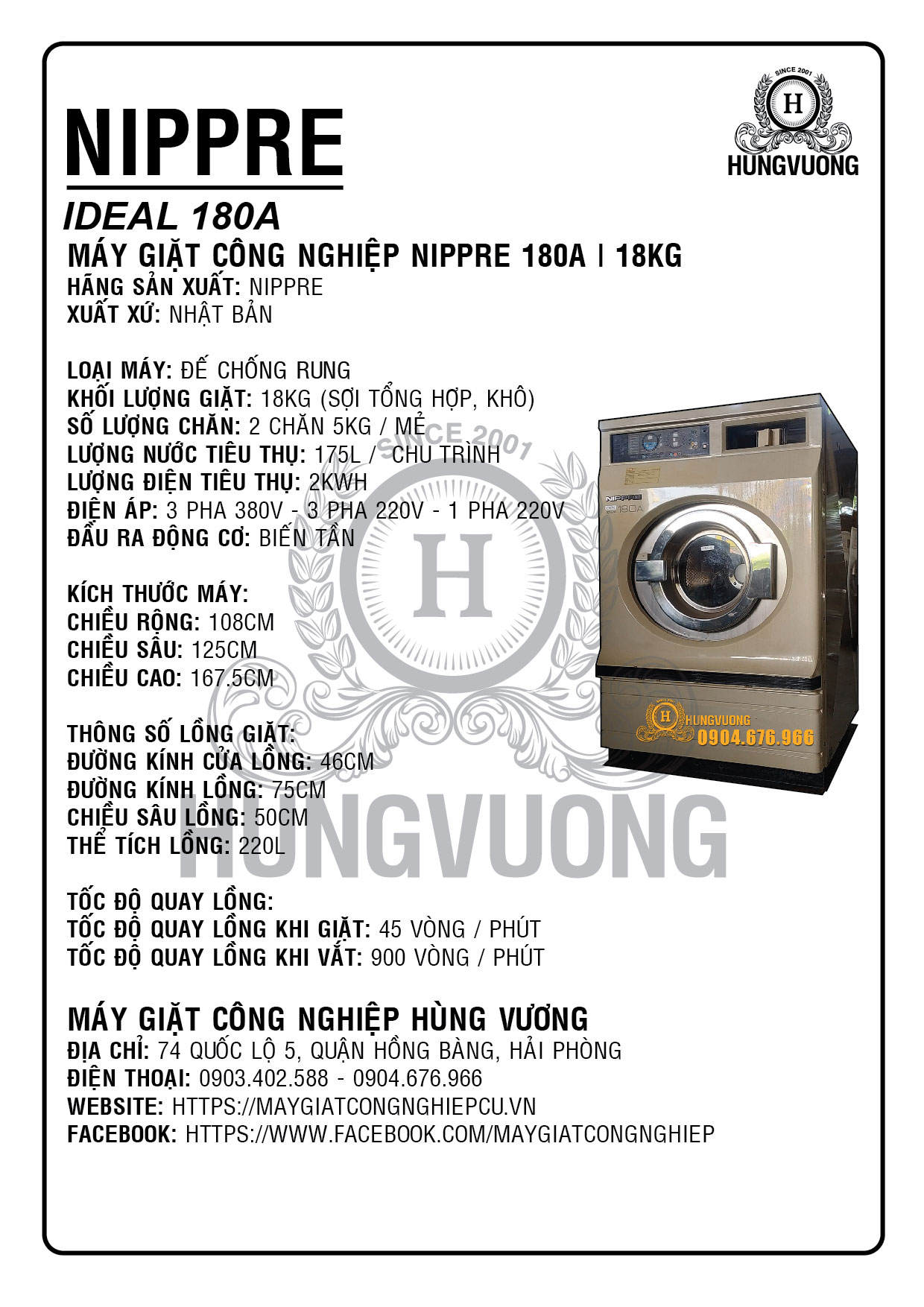 Thông số kỹ thuật máy giặt công nghiệp NIPPRE, 18kg, chân chống rung, biến tần, Nhật Bản