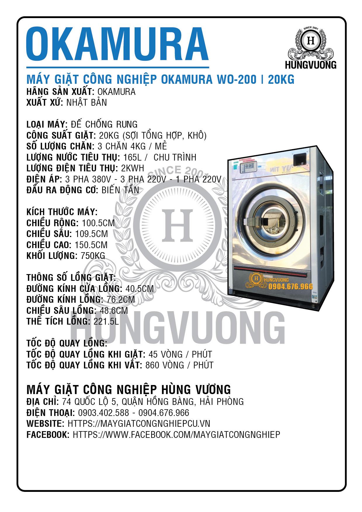 Thông số kỹ thuật máy giặt công nghiệp OKAMURA WO 200, 20kg, biến tần, chống rung, Nhật Bản