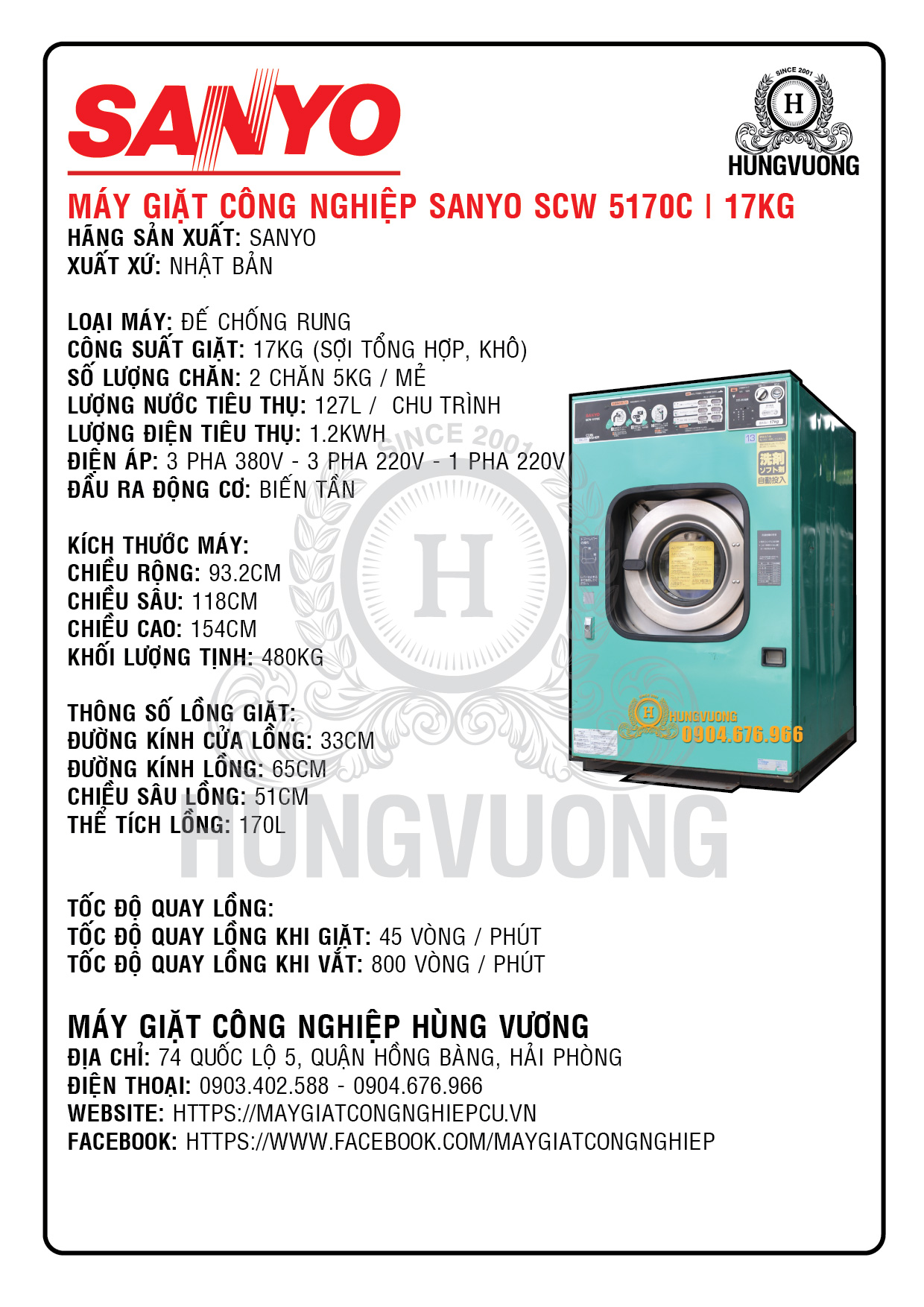Thông số kỹ thuật máy giặt công nghiệp SANYO SCW 5170C, 17kg,  chân chống rung, biến tần, Nhật Bản