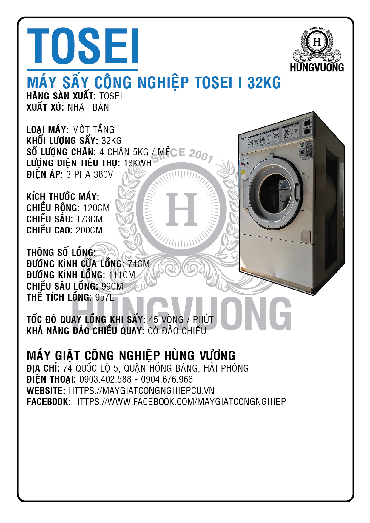 Thông số kỹ thuật máy sấy công nghiệp TOSEI 32kg, 1 tầng, đảo chiều, Nhật Bản