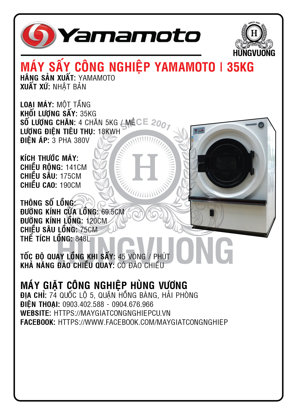 Thông số kỹ thuật máy sấy công nghiệp YAMAMOTO VS-35, 35kg, 1 tầng, đảo chiều, Nhật Bản