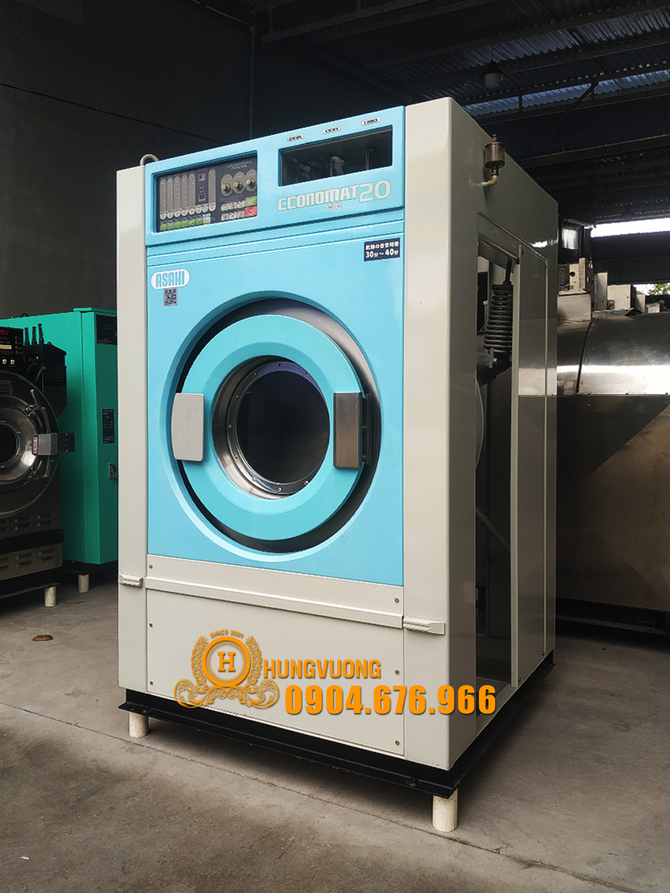 Mặt nghiêng máy giặt công nghiệp ASAHI ECONOMAT 20, 20kg, chân chống rung, biến tần, Nhật Bản