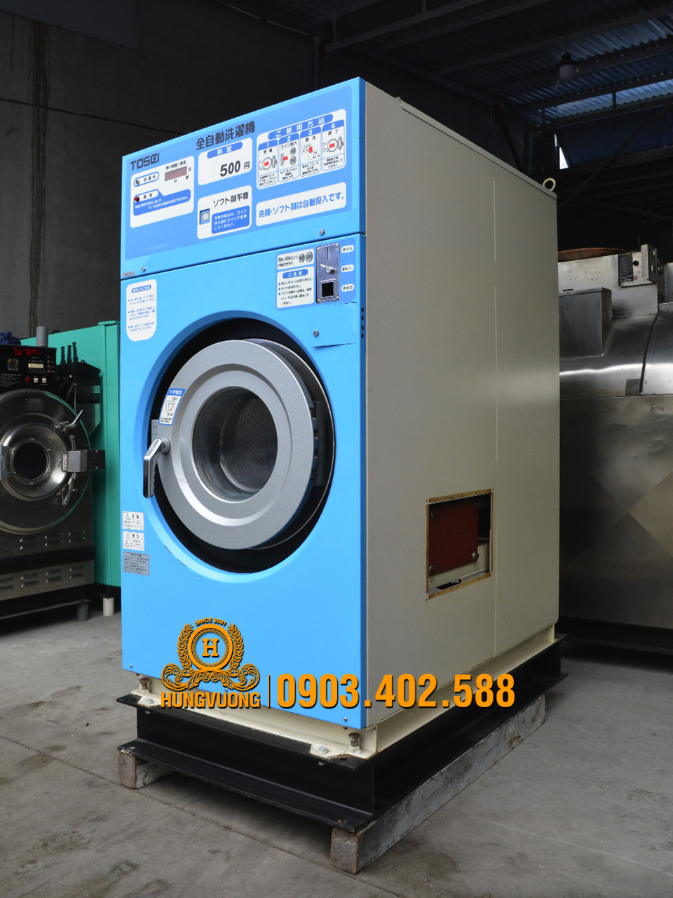 Mặt bên máy giặt công nghiệp TOSEI CW-12, 12kg, chống rung, biến tần, Nhật 