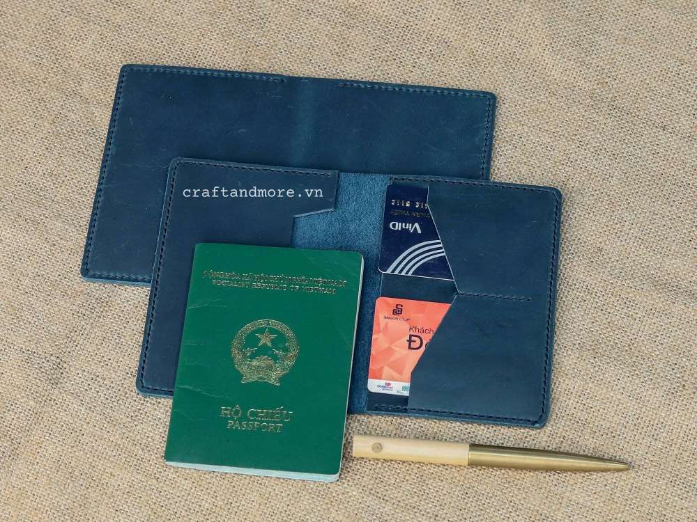 Ví passport da thật handmade xanh navy