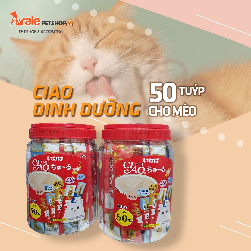 CIAO  DINH DƯỠNG CHO MÈO 50 TUÝP   - Tiết kiệm vô cùng với hộp 50 tuýp   - Bổ sung dinh dưỡng và đặc biệt là bổ sung lượng nước dồi dào giúp hạn chế tối đa các vấn đề liên quan các bệnh sỏi thận, tiết niệu 