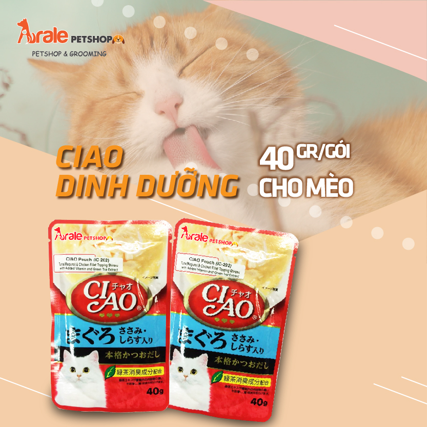 CIAO DINH DƯỠNG CHO MÈO GÓI 40GR   - Nhiều mùi vị cho bạn lựa chọn thay đổi khẩu vị cho mèo bằng cách mix các gói lại với nhau   - Cung cấp đủ dưỡng chất cần thiết cho thú cưng giúp mượt lông và nâng cao sức khỏe, hệ miễn dịch để duy trì các hoạt động thường ngày.   👉Giá: 14.000 VND